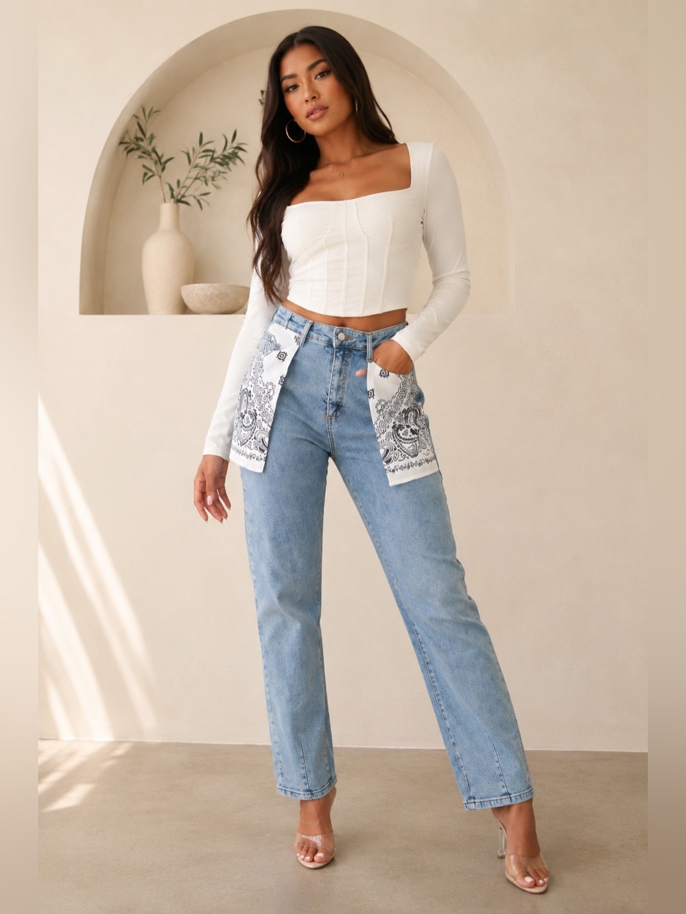 Bandana inside out satin white pocket denim jeans